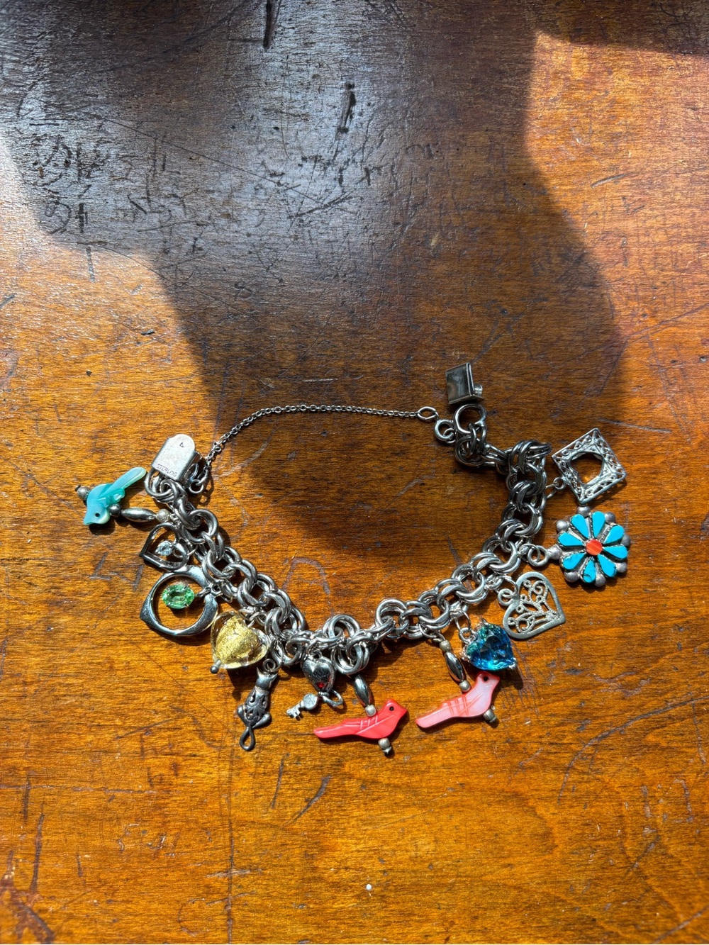 Silver Charm Bracelet with Turquoise, Coral & Gold Accents - Unbranded